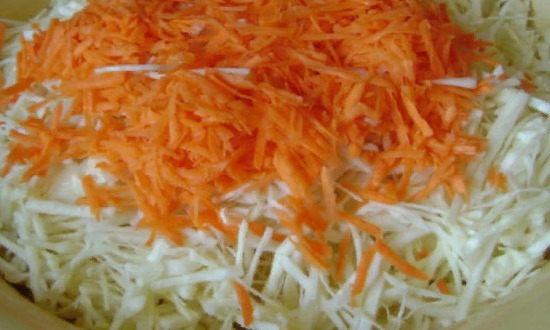 Выкладываем в ведро капусту и морковь