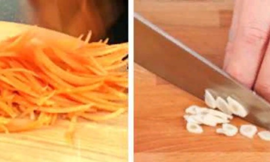 шинкуем морковь, режем чеснок